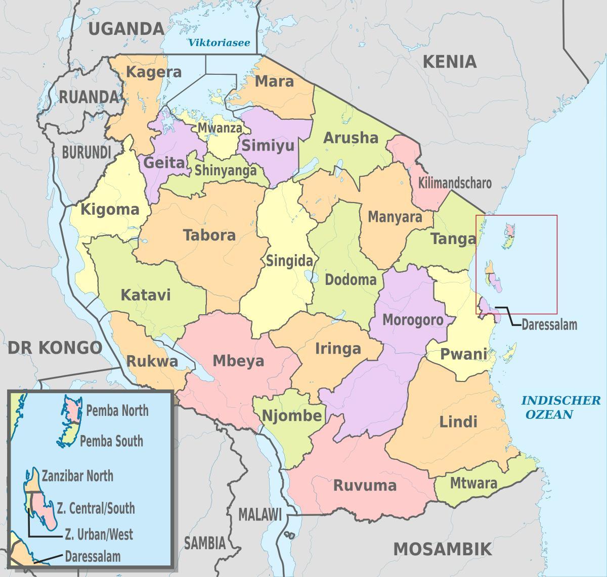 mappa della tanzania, mostrando regioni e distretti