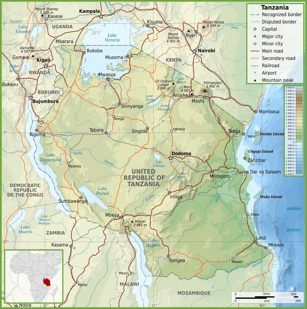 Mappa stradale tanzania con distanze