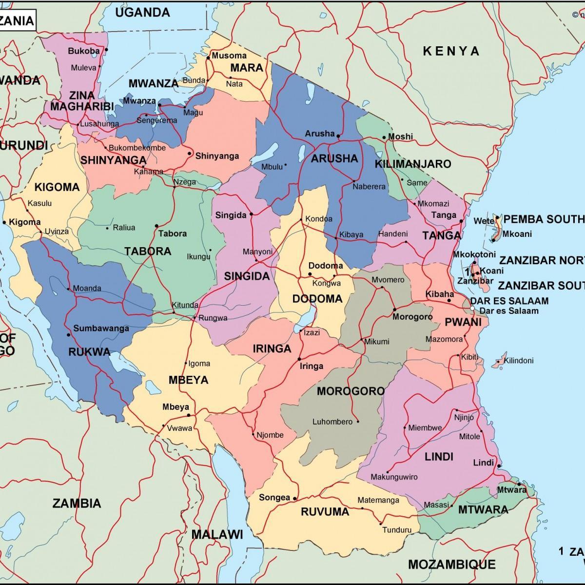 Mappa della tanzania politico