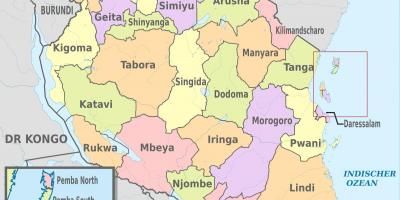 Mappa della tanzania, mostrando regioni e distretti
