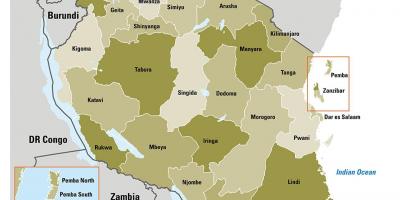 Mappa della tanzania, mostrando regioni